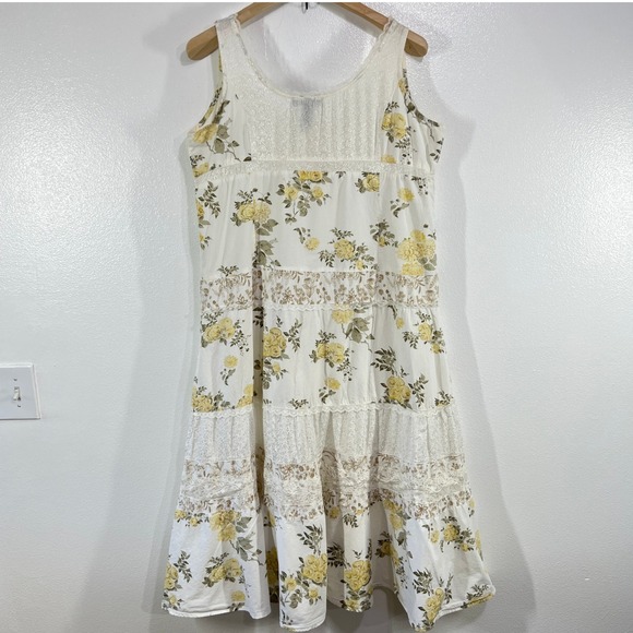 Vintage. Aman Boho Floral Lace Tiered Dress 1X Cotton Sleeveless Cottagecore - Picture 3 of 11